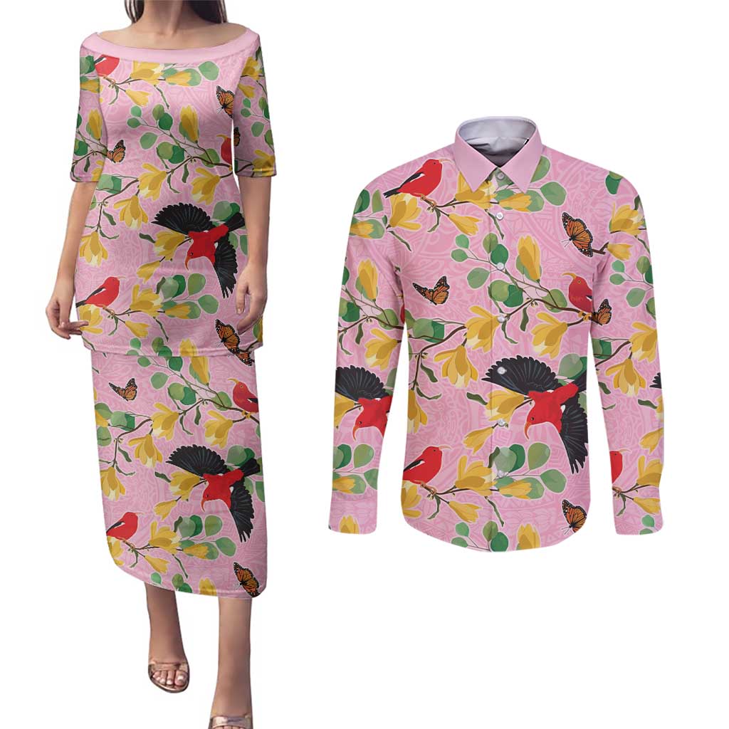 Aloha Hawaii Couples Matching Puletasi and Long Sleeve Button Shirt I'iwi on Mamane Pastel Pink