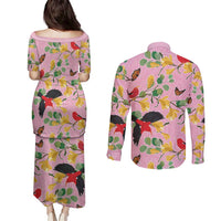 Aloha Hawaii Couples Matching Puletasi and Long Sleeve Button Shirt I'iwi on Mamane Pastel Pink