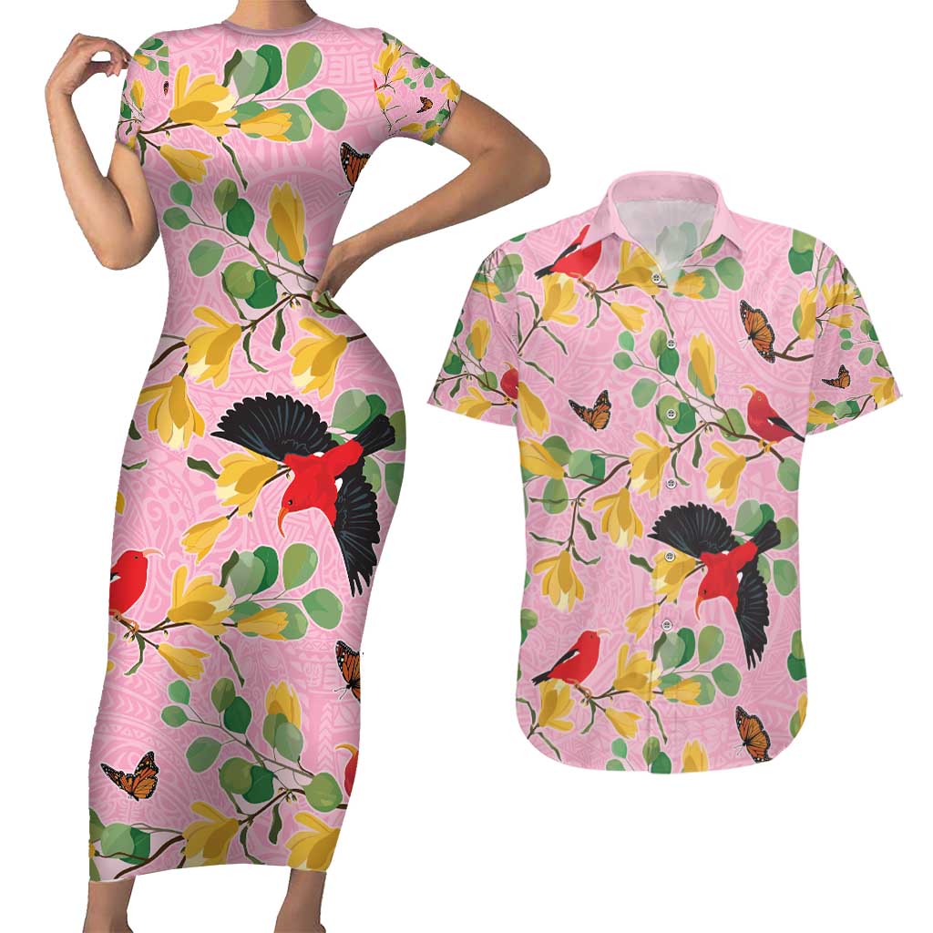 Aloha Hawaii Couples Matching Short Sleeve Bodycon Dress and Hawaiian Shirt I'iwi on Mamane Pastel Pink