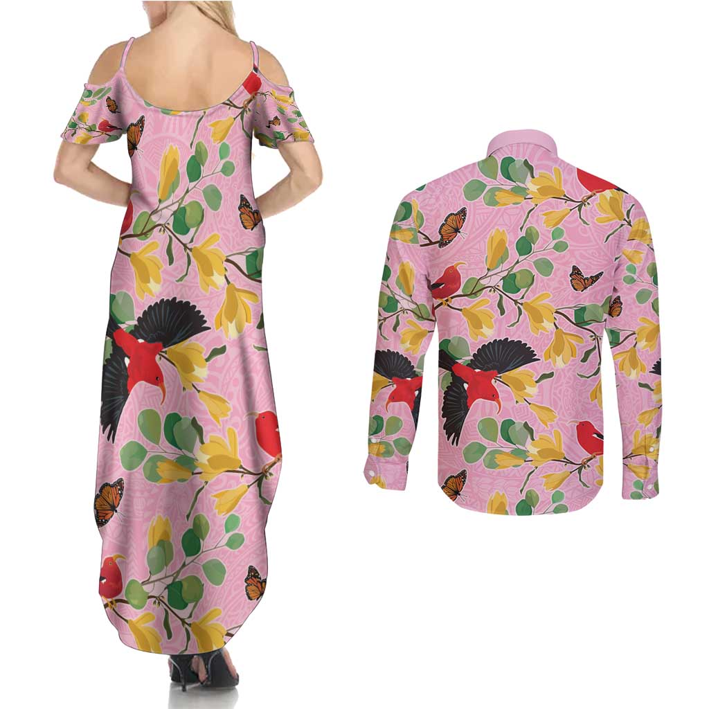 Aloha Hawaii Couples Matching Summer Maxi Dress and Long Sleeve Button Shirt I'iwi on Mamane Pastel Pink