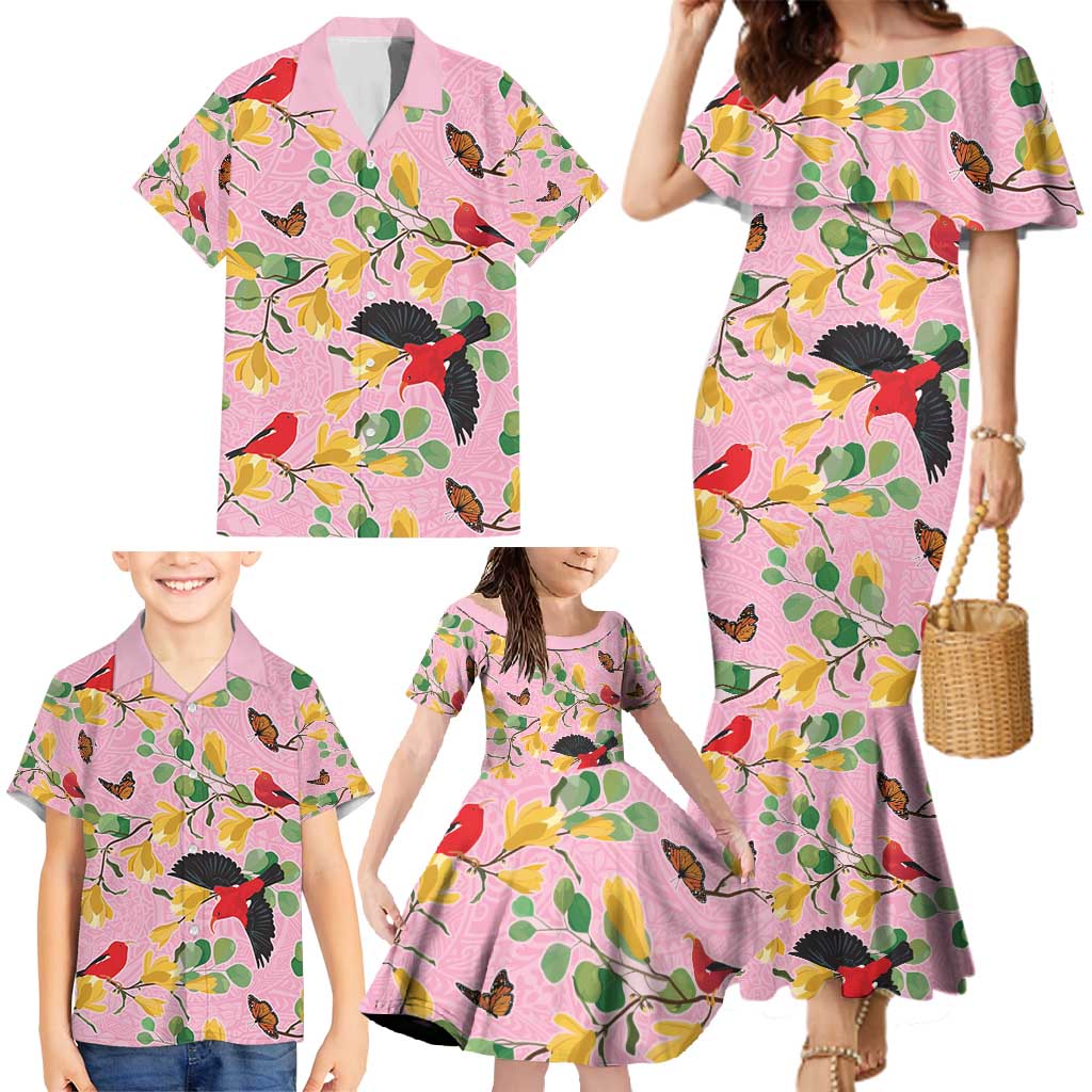 Aloha Hawaii Family Matching Mermaid Dress and Hawaiian Shirt I'iwi on Mamane Pastel Pink