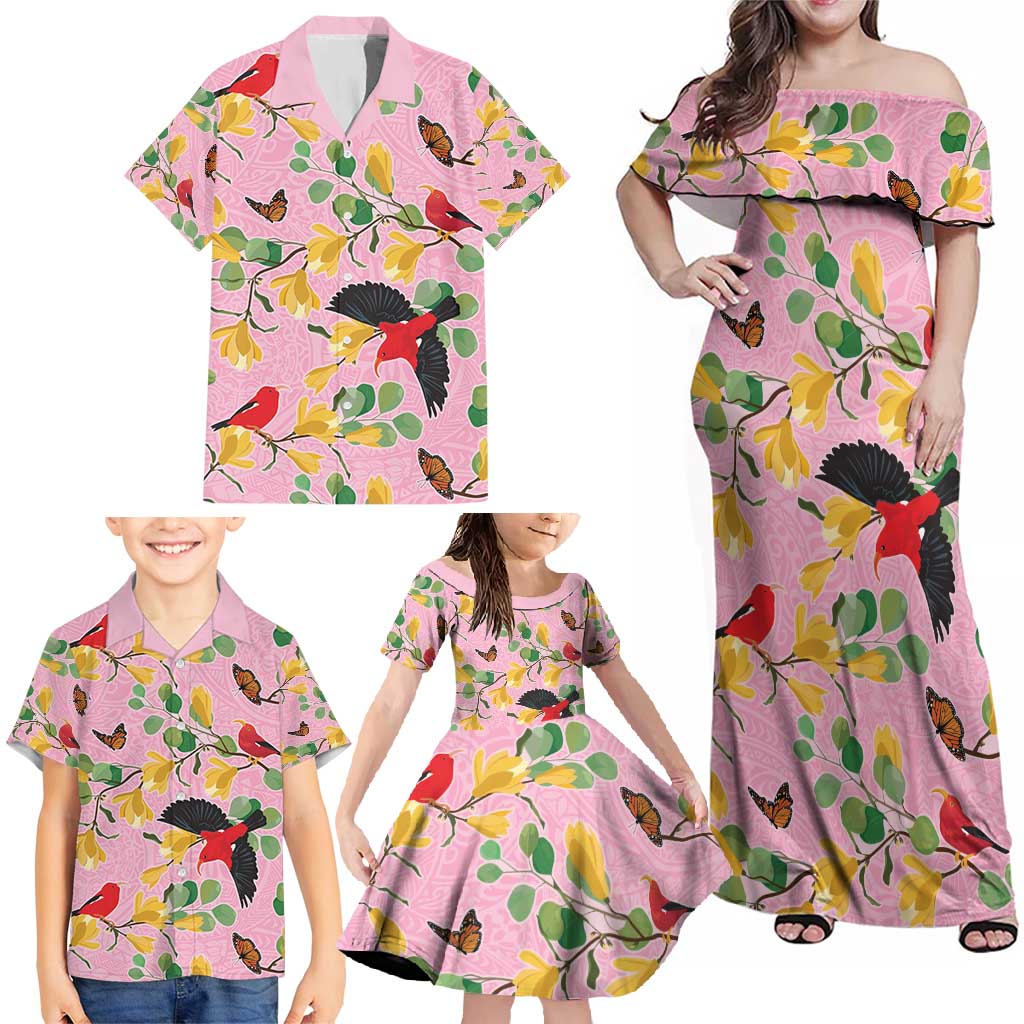 Aloha Hawaii Family Matching Off Shoulder Maxi Dress and Hawaiian Shirt I'iwi on Mamane Pastel Pink