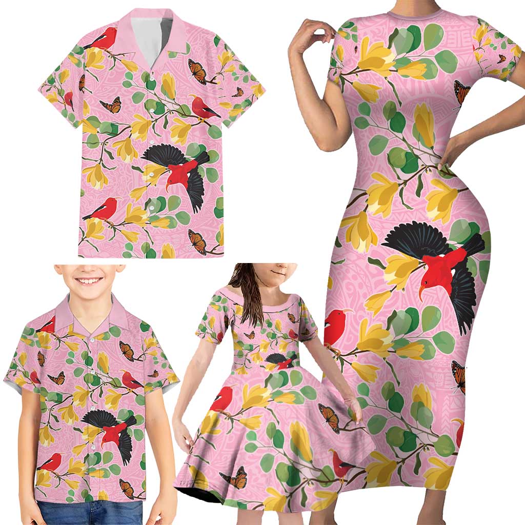 Aloha Hawaii Family Matching Short Sleeve Bodycon Dress and Hawaiian Shirt I'iwi on Mamane Pastel Pink