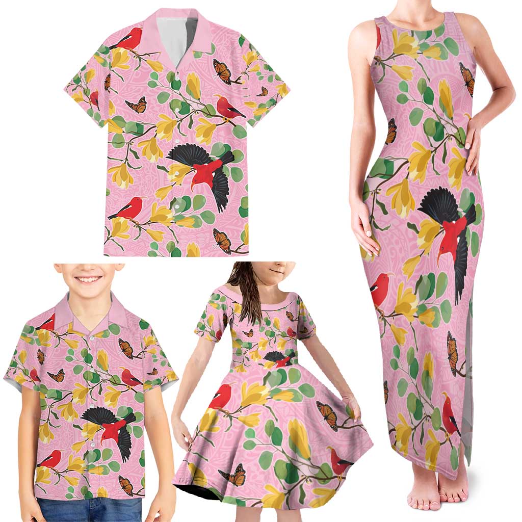 Aloha Hawaii Family Matching Tank Maxi Dress and Hawaiian Shirt I'iwi on Mamane Pastel Pink LT7 - Polynesian Pride
