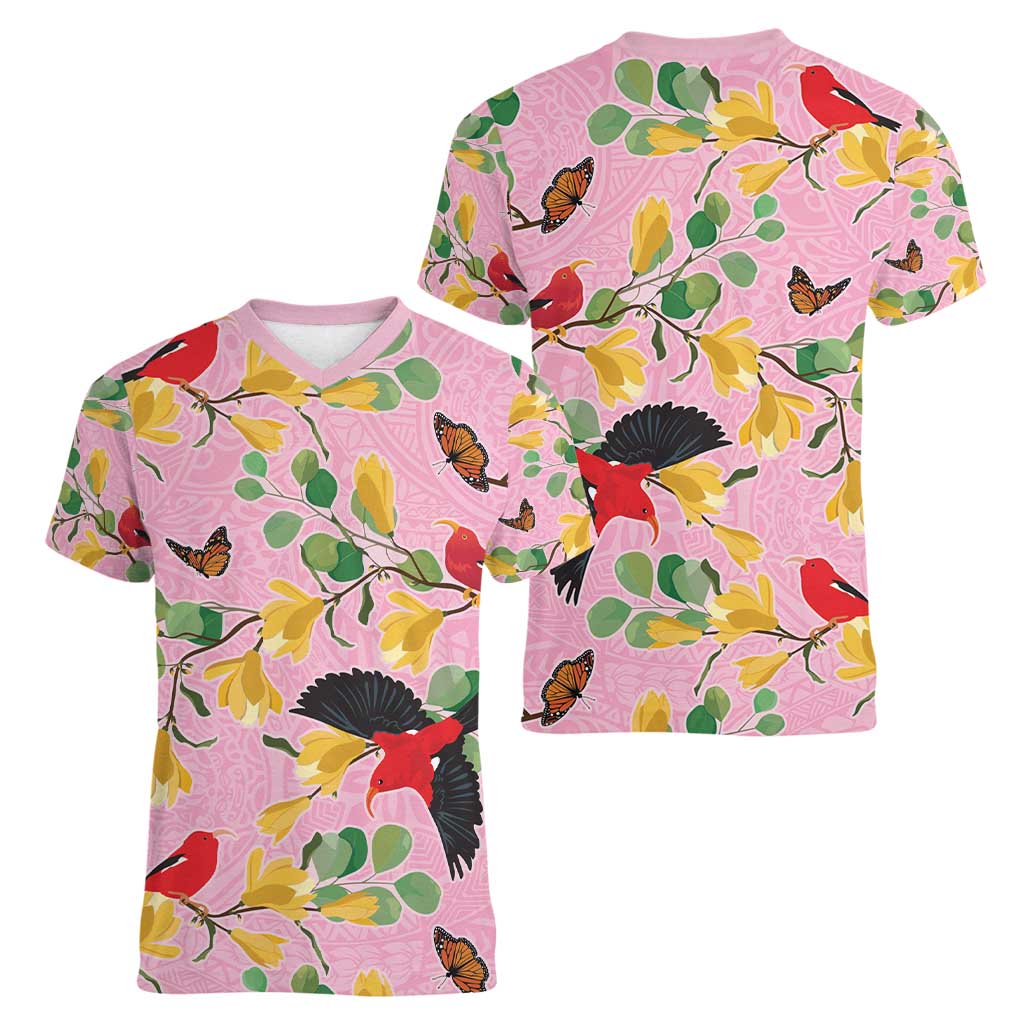 Aloha Hawaii Women V-Neck T-Shirt I'iwi on Mamane Pastel Pink LT7 - Polynesian Pride
