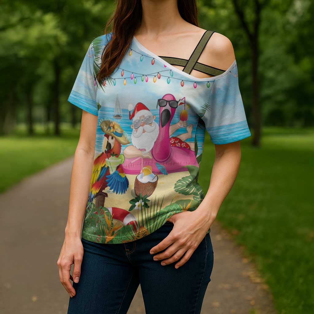 Have Yourself A Beachy Little Christmas Cross Shoulder Shirt with Santa Chilling - Polynesian Pride