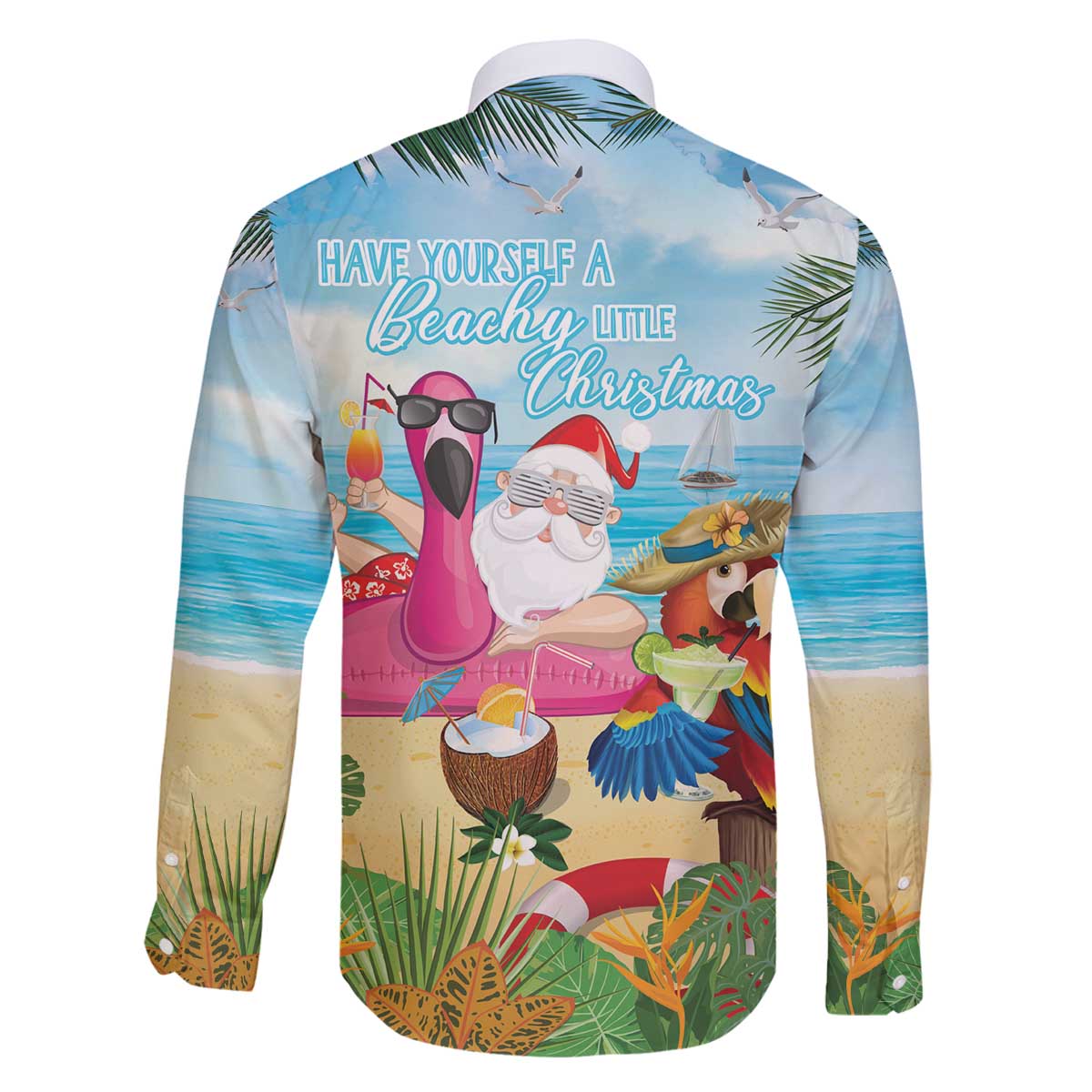Have Yourself A Beachy Little Christmas Family Matching Off The Shoulder Long Sleeve Dress and Hawaiian Shirt with Santa Chilling - Polynesian Pride