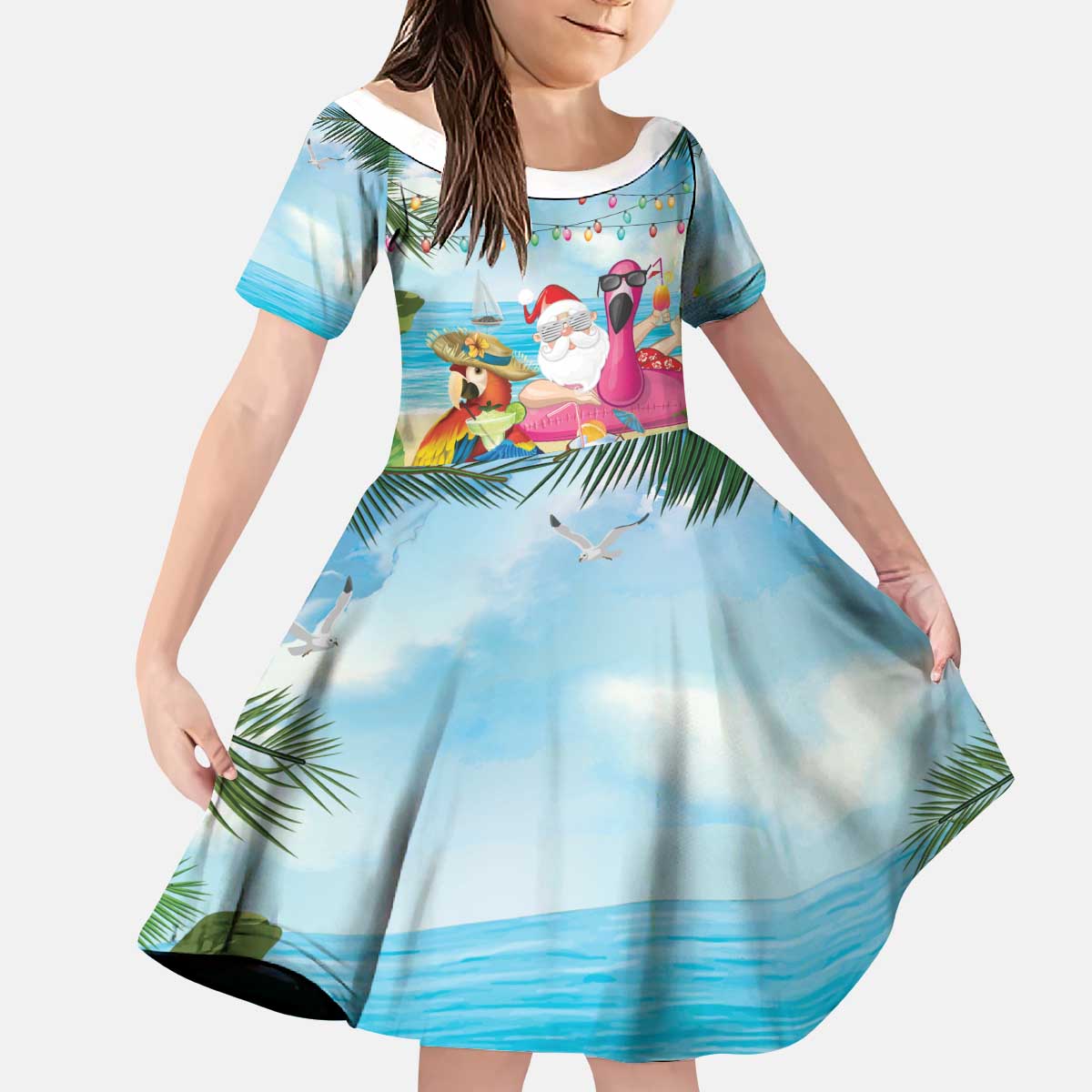 Have Yourself A Beachy Little Christmas Kid Short Sleeve Dress with Santa Chilling - Polynesian Pride