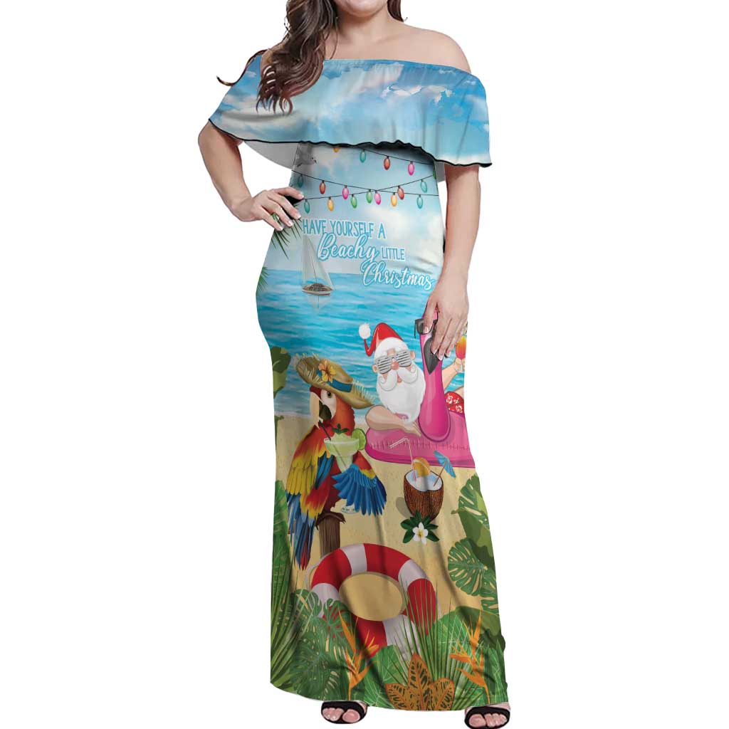 Have Yourself A Beachy Little Christmas Off Shoulder Maxi Dress with Santa Chilling - Polynesian Pride