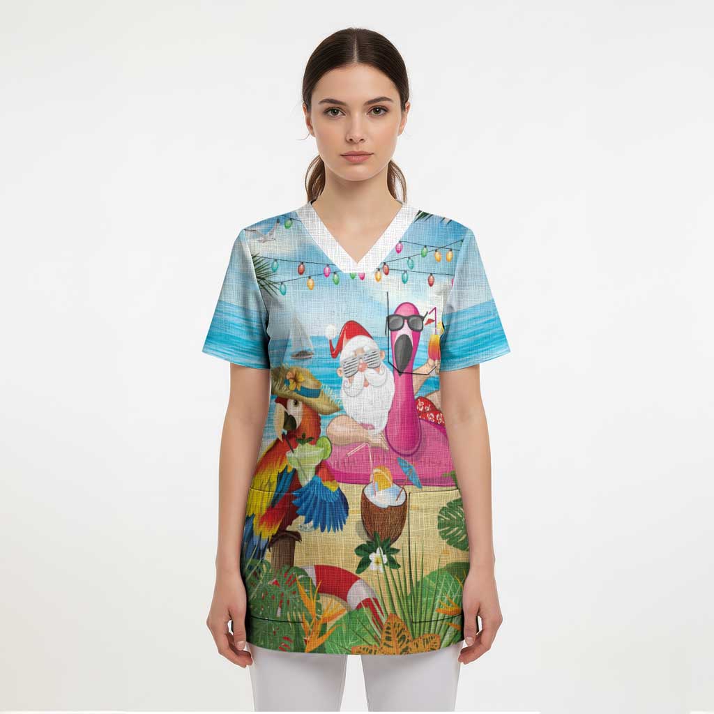 Have Yourself A Beachy Little Christmas Scrub Top with Santa Chilling - Polynesian Pride