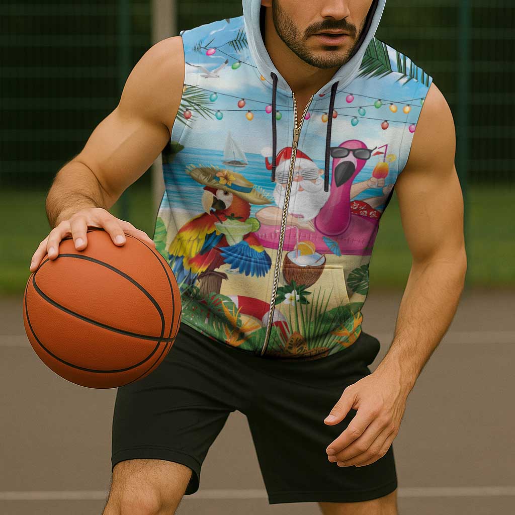 Have Yourself A Beachy Little Christmas Sleeveless Zip Hoodie with Santa Chilling - Polynesian Pride