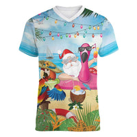 Have Yourself A Beachy Little Christmas Women V-Neck T-Shirt with Santa Chilling - Polynesian Pride