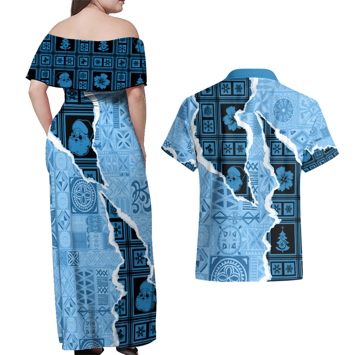 Bula Fiji Tapa Mix Christmas Couples Matching Off Shoulder Maxi Dress and Hawaiian Shirt Vintage Style LT7 - Polynesian Pride