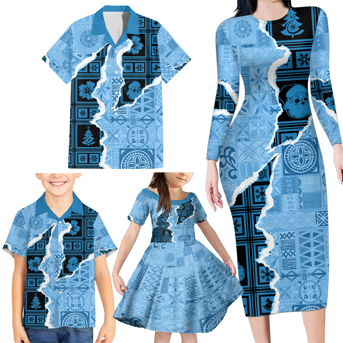 Bula Fiji Tapa Mix Christmas Family Matching Long Sleeve Bodycon Dress and Hawaiian Shirt Vintage Style LT7 - Polynesian Pride