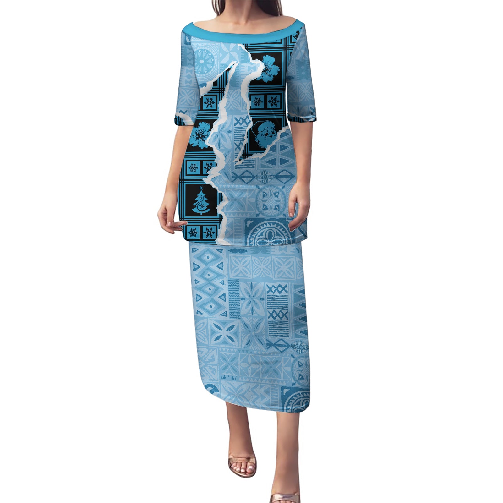 Bula Fiji Tapa Mix Christmas Puletasi Vintage Style LT7 Long Dress Turquoise - Polynesian Pride