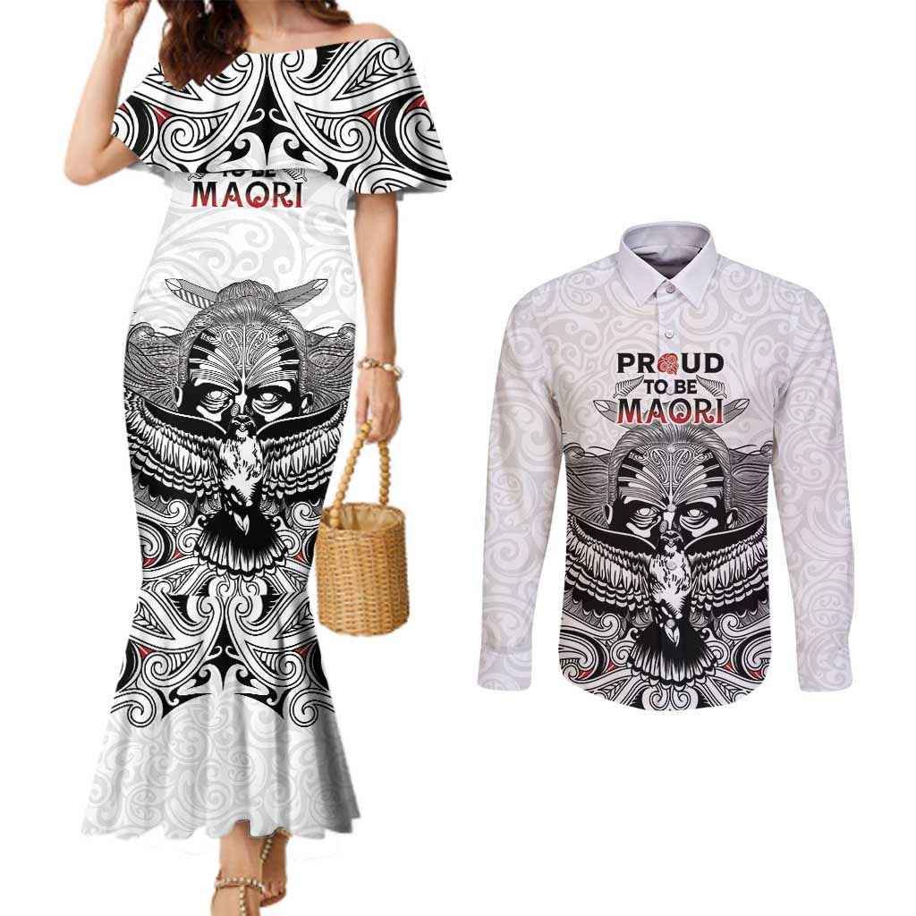 Aotearoa Personalized Couples Matching Mermaid Dress and Long Sleeve Button Shirt Proud To Be Maori LT7 White - Polynesian Pride