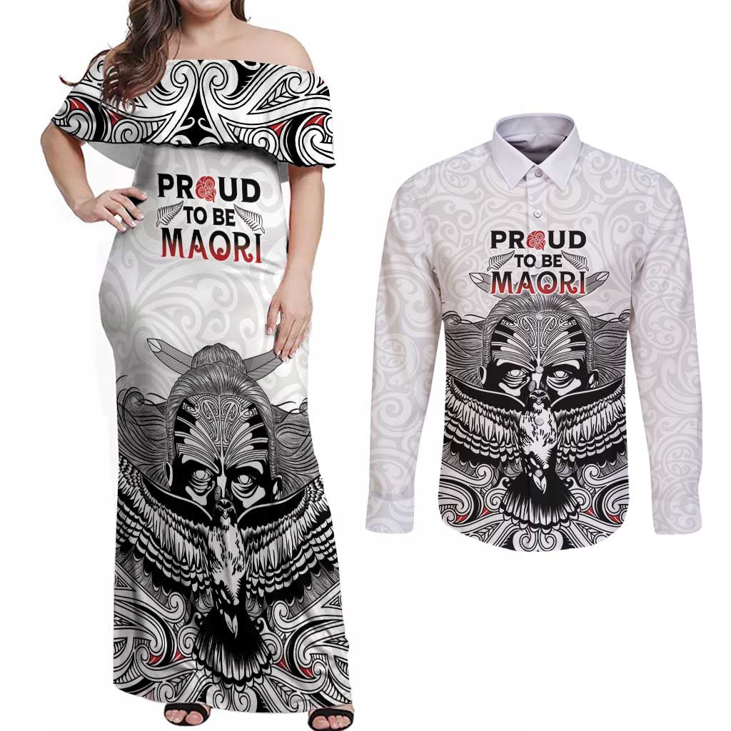 Aotearoa Personalized Couples Matching Off Shoulder Maxi Dress and Long Sleeve Button Shirt Proud To Be Maori LT7 White - Polynesian Pride