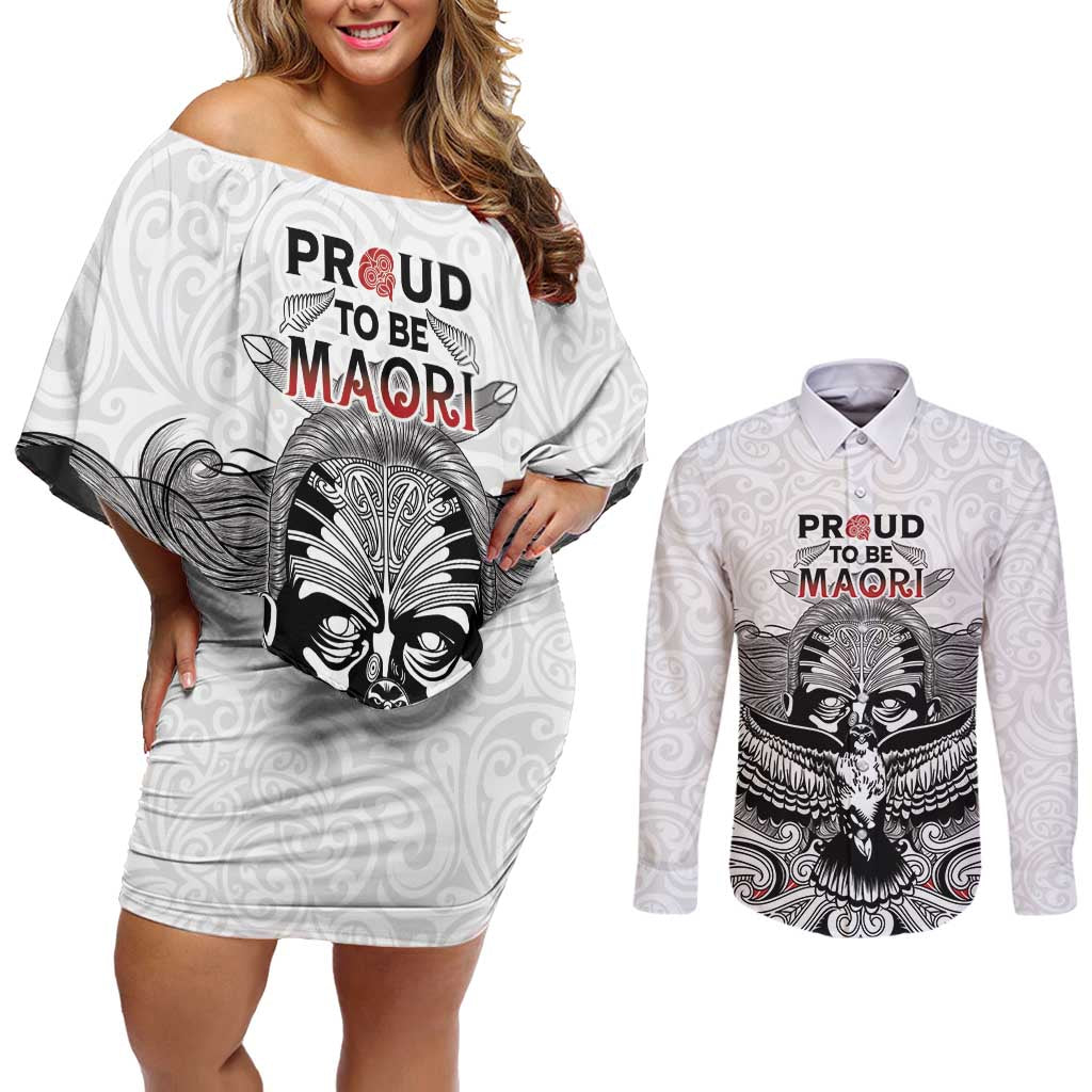 Aotearoa Personalized Couples Matching Off Shoulder Short Dress and Long Sleeve Button Shirt Proud To Be Maori LT7 White - Polynesian Pride
