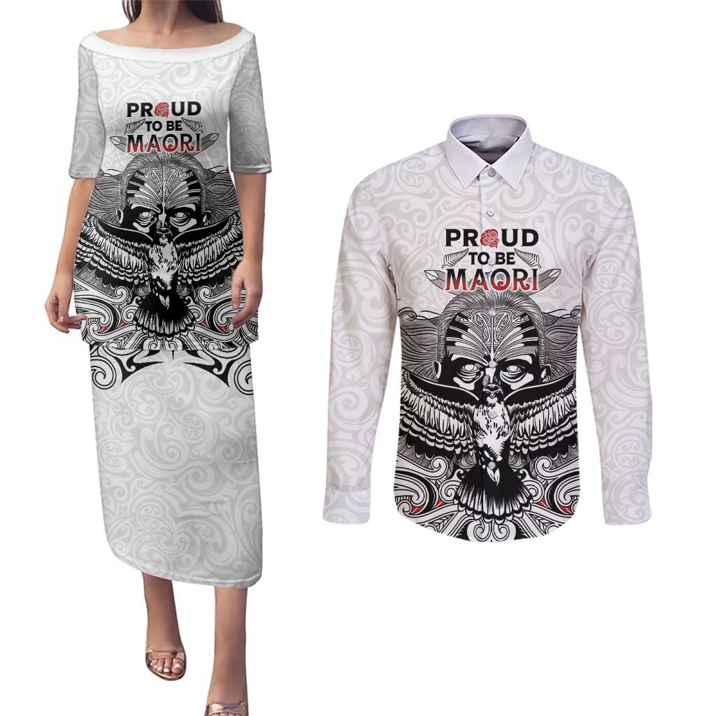 Aotearoa Personalized Couples Matching Puletasi and Long Sleeve Button Shirt Proud To Be Maori LT7 White - Polynesian Pride
