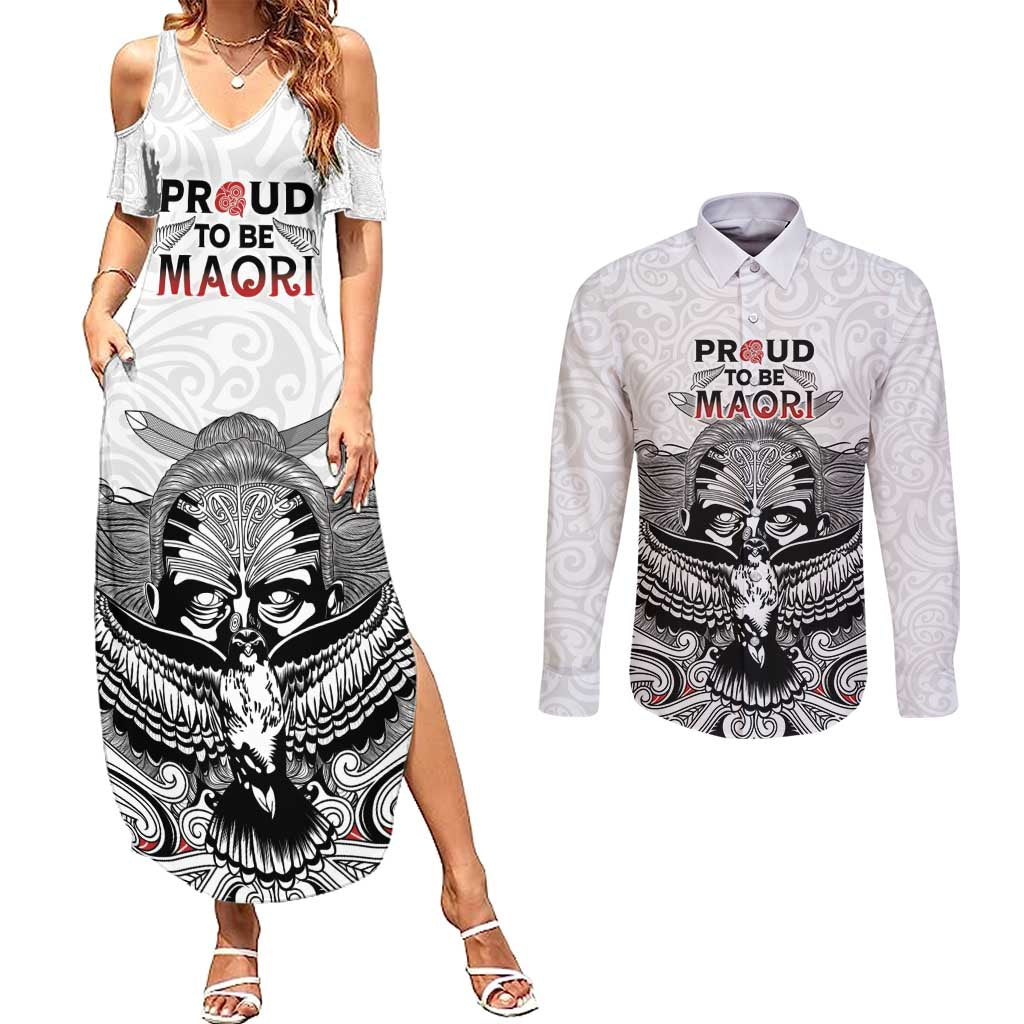 Aotearoa Personalized Couples Matching Summer Maxi Dress and Long Sleeve Button Shirt Proud To Be Maori LT7 White - Polynesian Pride