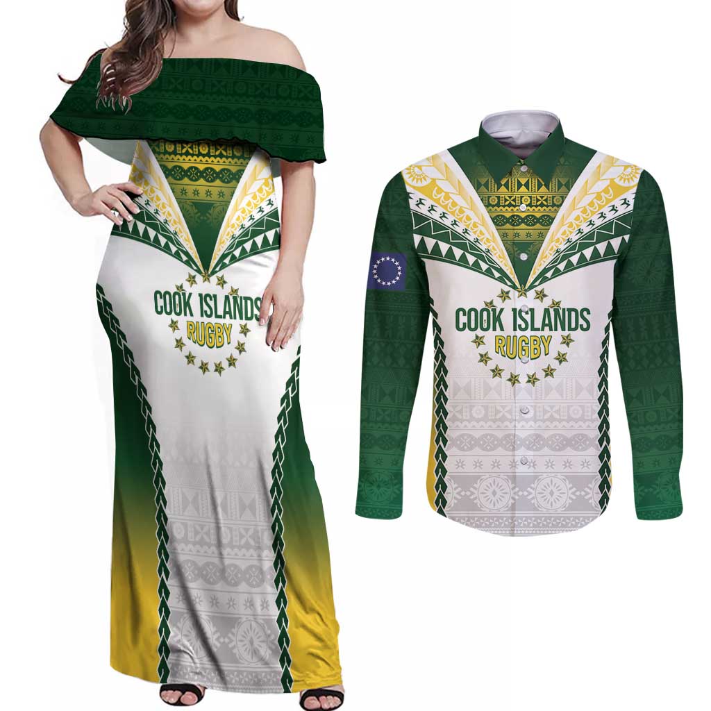 Cook Islands Rugby Custom Couples Matching Off Shoulder Maxi Dress and Long Sleeve Button Shirt Kuki's Aitu Champions - Polynesian Pride