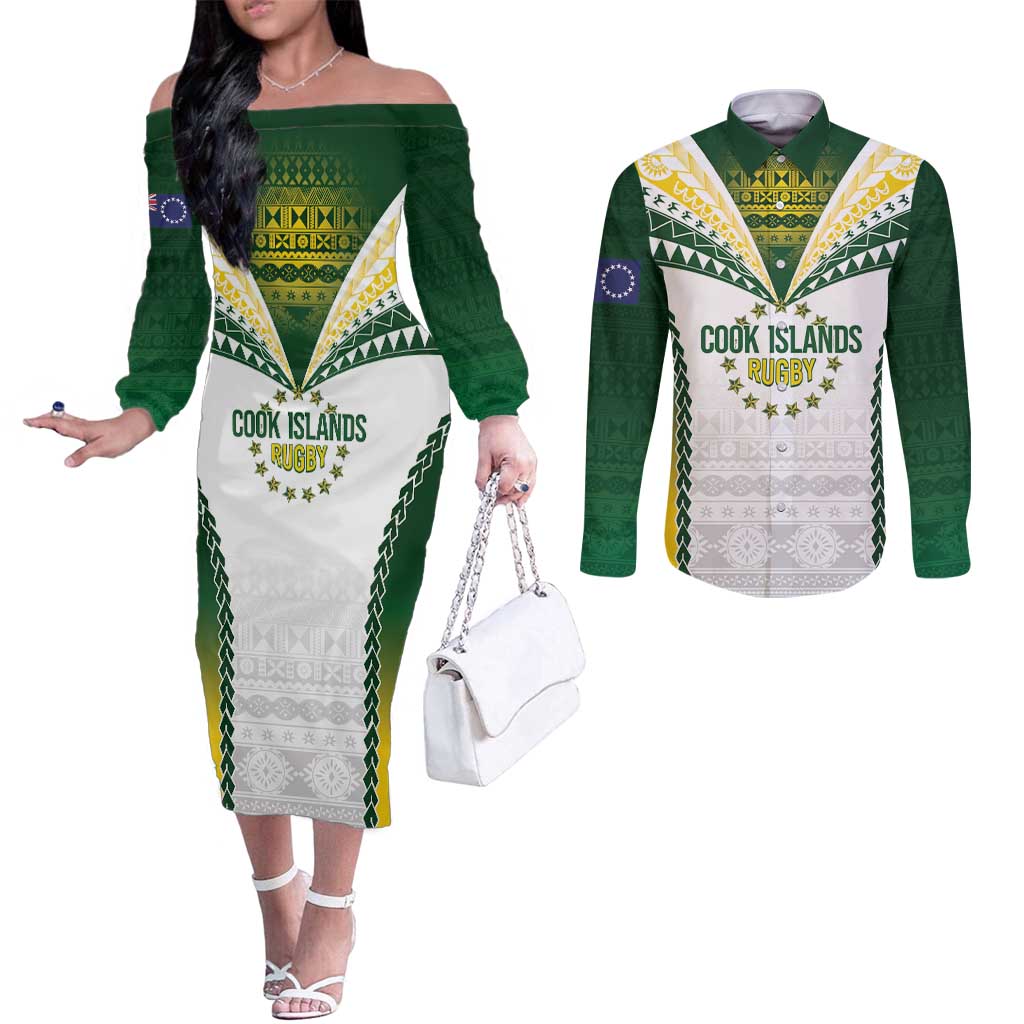 Cook Islands Rugby Custom Couples Matching Off The Shoulder Long Sleeve Dress and Long Sleeve Button Shirt Kuki's Aitu Champions - Polynesian Pride