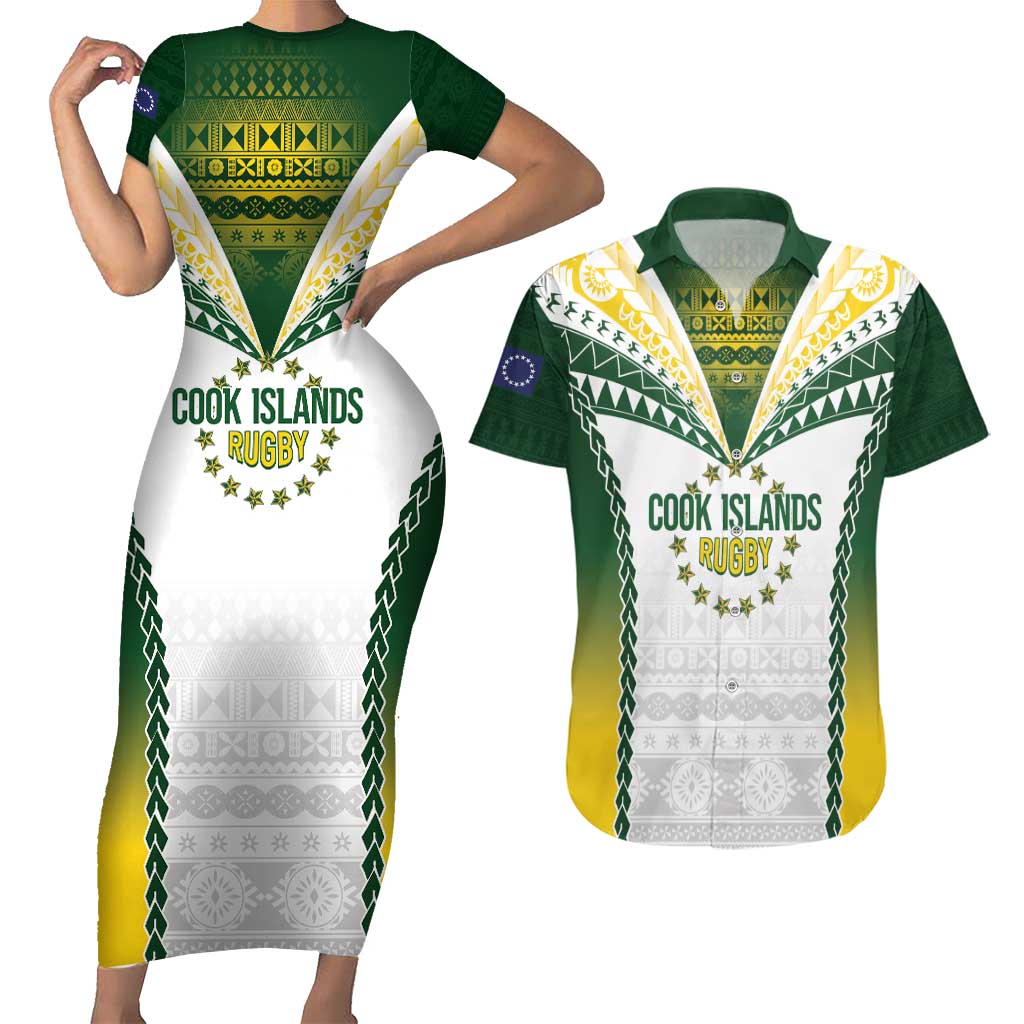 Cook Islands Rugby Custom Couples Matching Short Sleeve Bodycon Dress and Hawaiian Shirt Kuki's Aitu Champions - Polynesian Pride