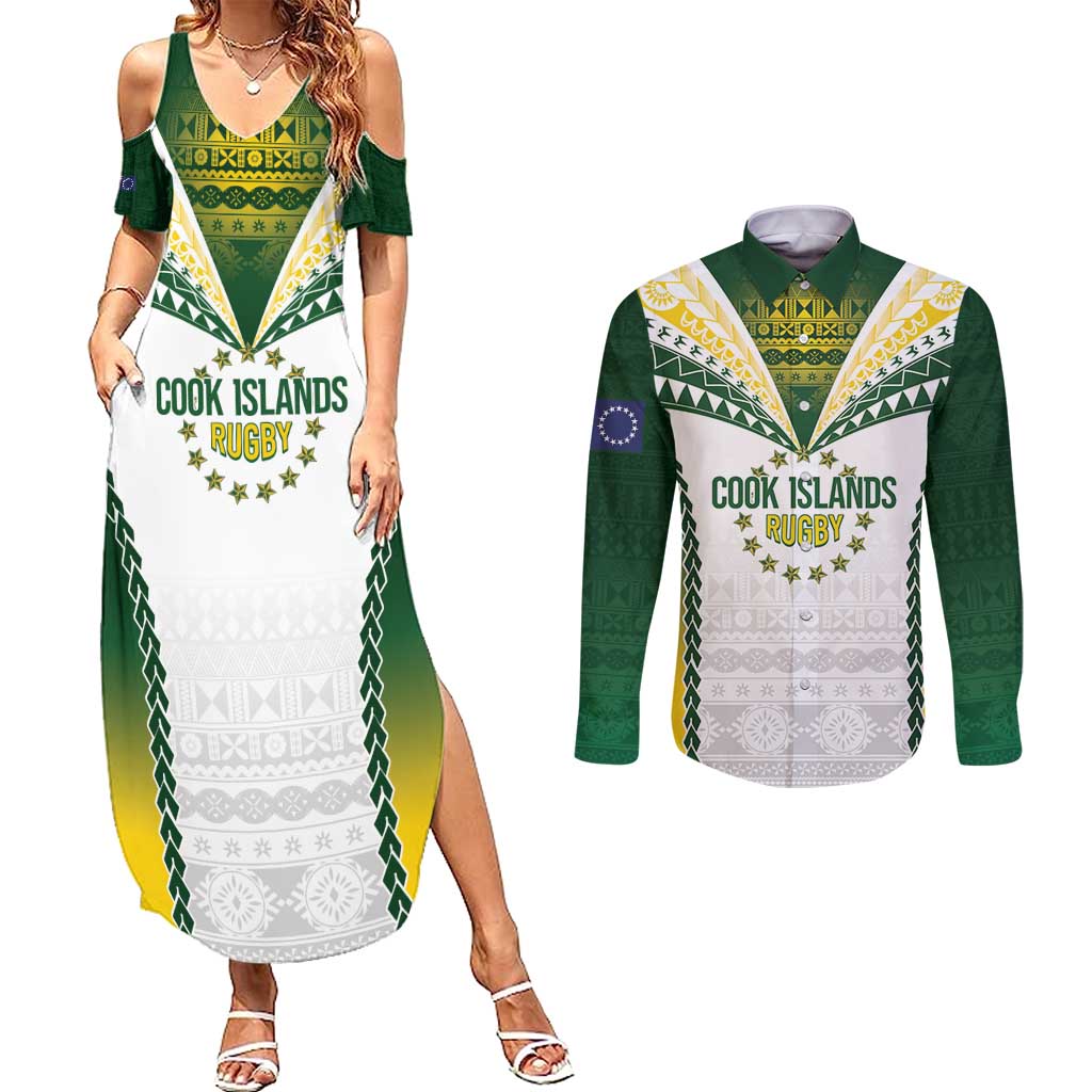 Cook Islands Rugby Custom Couples Matching Summer Maxi Dress and Long Sleeve Button Shirt Kuki's Aitu Champions - Polynesian Pride