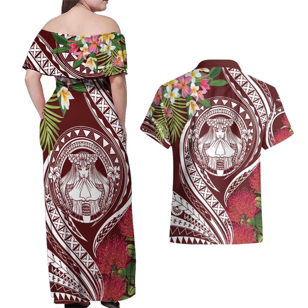 Aloha Hawaii Big Island Couples Matching Off Shoulder Maxi Dress and Hawaiian Shirt Ohia Lehua Wahine