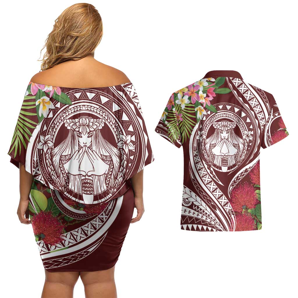 Aloha Hawaii Big Island Couples Matching Off Shoulder Short Dress and Hawaiian Shirt Ohia Lehua Wahine