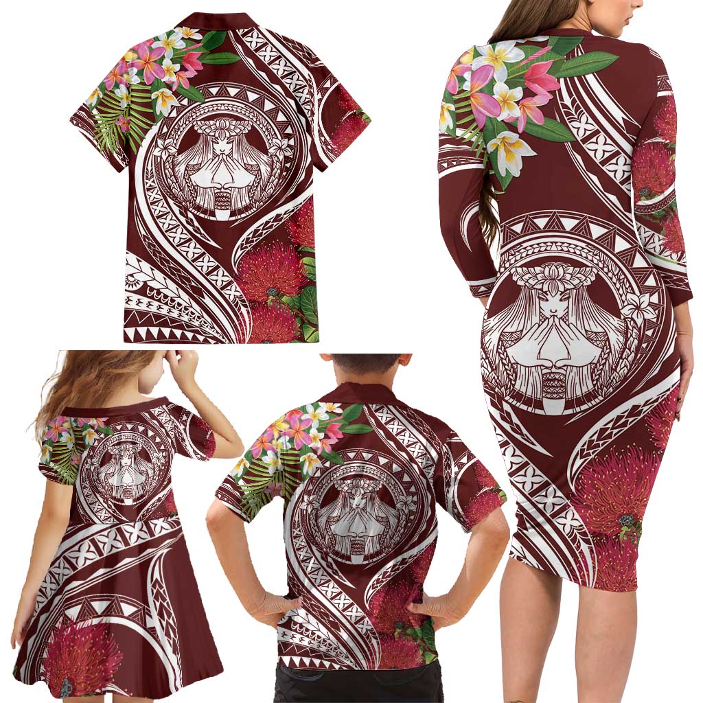 Aloha Hawaii Big Island Family Matching Long Sleeve Bodycon Dress and Hawaiian Shirt Ohia Lehua Wahine