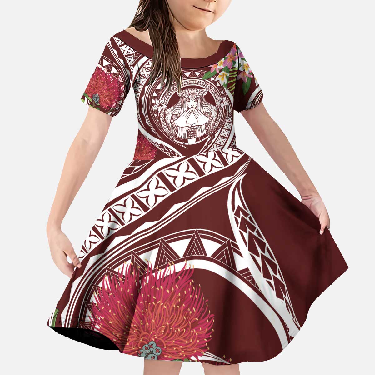 Aloha Hawaii Big Island Family Matching Off The Shoulder Long Sleeve Dress and Hawaiian Shirt Ohia Lehua Wahine