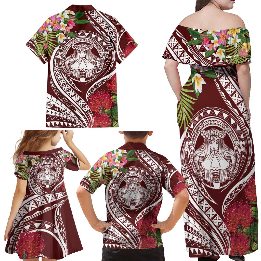 Aloha Hawaii Big Island Family Matching Off Shoulder Maxi Dress and Hawaiian Shirt Ohia Lehua Wahine