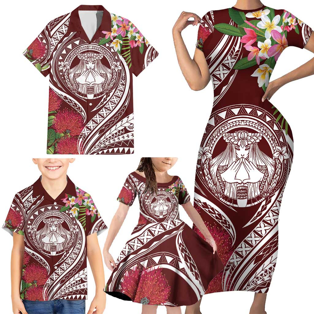 Aloha Hawaii Big Island Family Matching Short Sleeve Bodycon Dress and Hawaiian Shirt Ohia Lehua Wahine