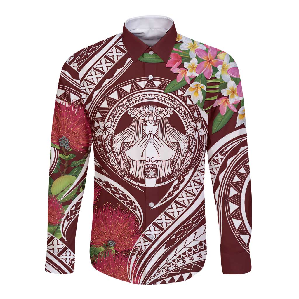 Aloha Hawaii Big Island Long Sleeve Button Shirt Ohia Lehua Wahine LT7 Unisex Red - Polynesian Pride