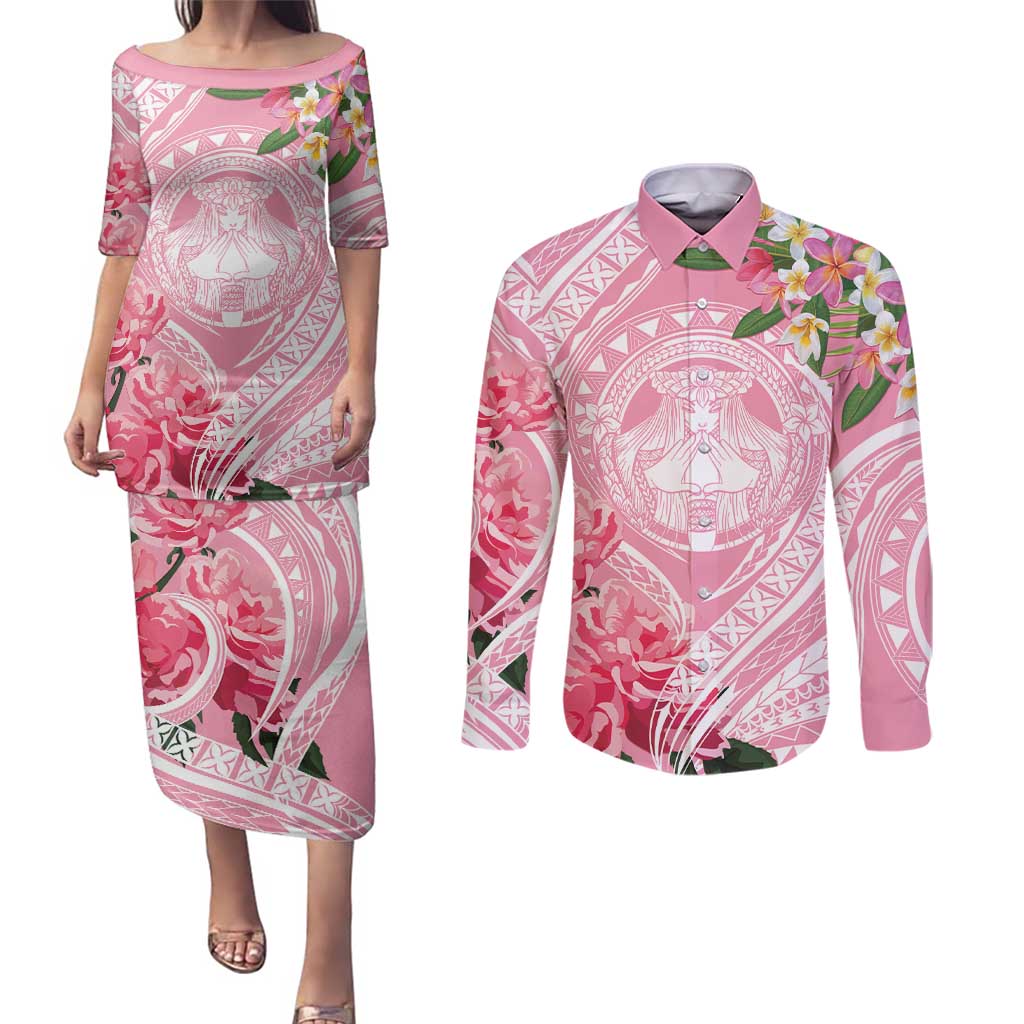 Aloha Hawaii Maui Couples Matching Puletasi and Long Sleeve Button Shirt Goddess Lokelani Rose LT7 Pink - Polynesian Pride
