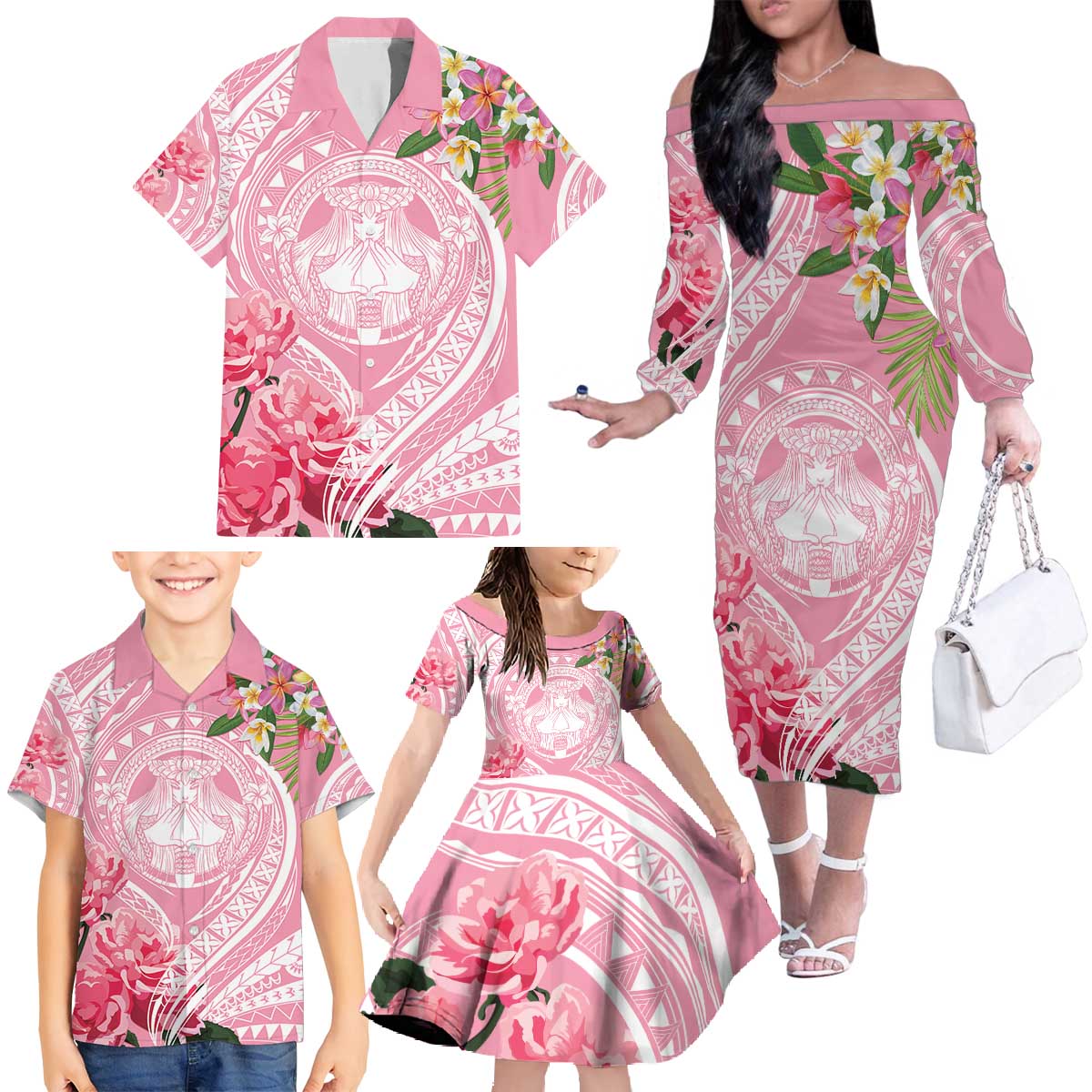 Aloha Hawaii Maui Family Matching Off The Shoulder Long Sleeve Dress and Hawaiian Shirt Goddess Lokelani Rose