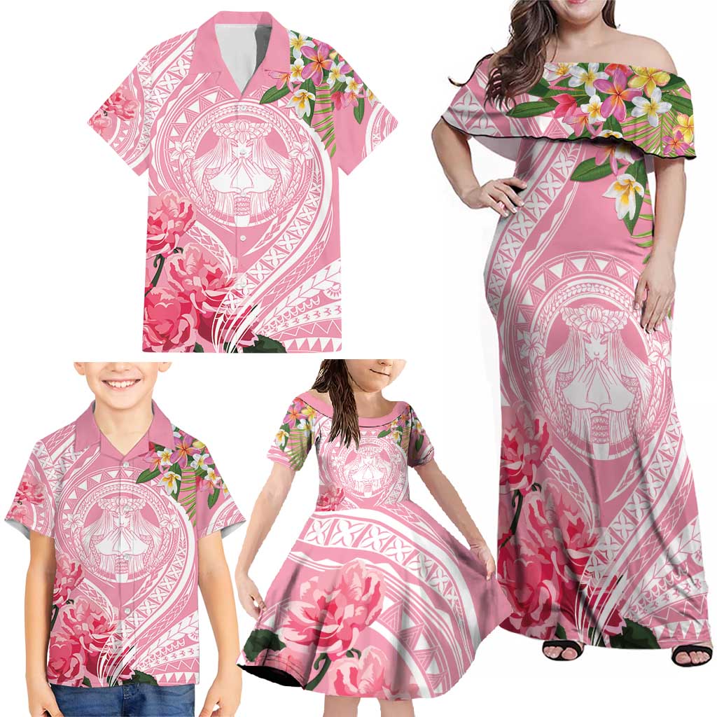 Aloha Hawaii Maui Family Matching Off Shoulder Maxi Dress and Hawaiian Shirt Goddess Lokelani Rose