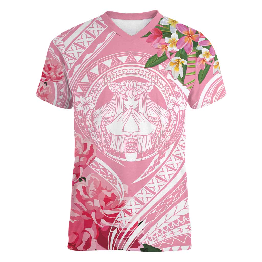 Aloha Hawaii Maui Women V-Neck T-Shirt Goddess Lokelani Rose LT7 Female Pink - Polynesian Pride
