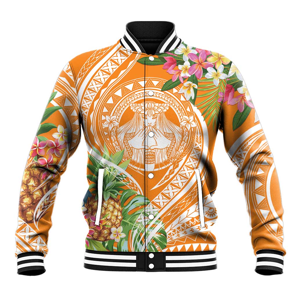 Aloha Hawaii Lanai Baseball Jacket Frangipani Mix Pineapple LT7 Unisex Orange - Polynesian Pride
