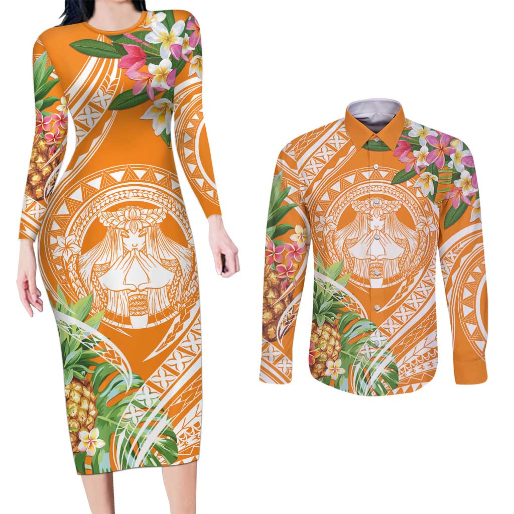 Aloha Hawaii Lanai Couples Matching Long Sleeve Bodycon Dress and Long Sleeve Button Shirt Frangipani Mix Pineapple LT7 Orange - Polynesian Pride