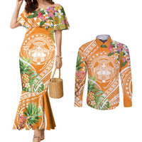 Aloha Hawaii Lanai Couples Matching Mermaid Dress and Long Sleeve Button Shirt Frangipani Mix Pineapple LT7 Orange - Polynesian Pride