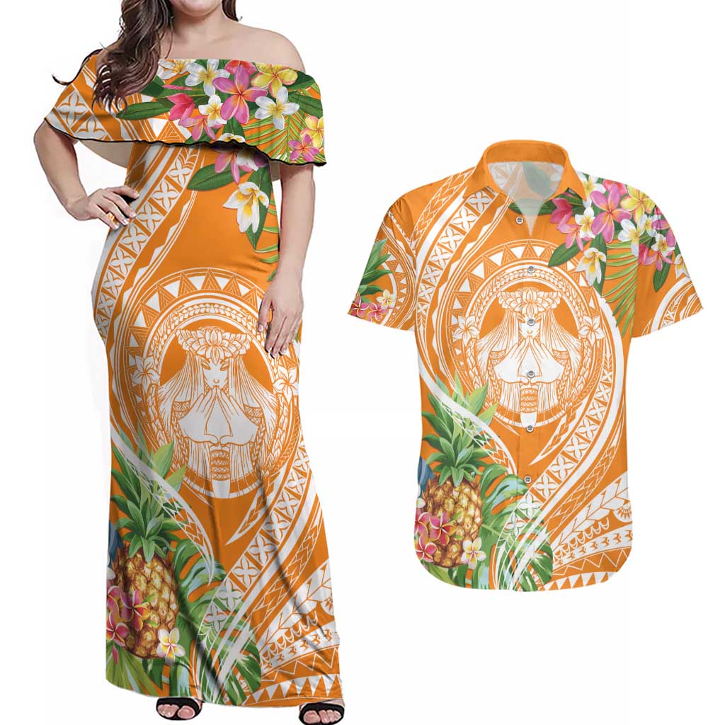 Aloha Hawaii Lanai Couples Matching Off Shoulder Maxi Dress and Hawaiian Shirt Frangipani Mix Pineapple LT7 Orange - Polynesian Pride