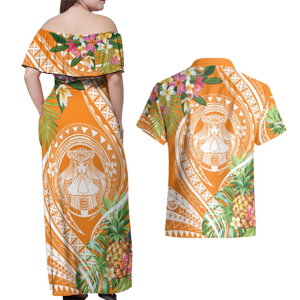 Aloha Hawaii Lanai Couples Matching Off Shoulder Maxi Dress and Hawaiian Shirt Frangipani Mix Pineapple LT7 - Polynesian Pride