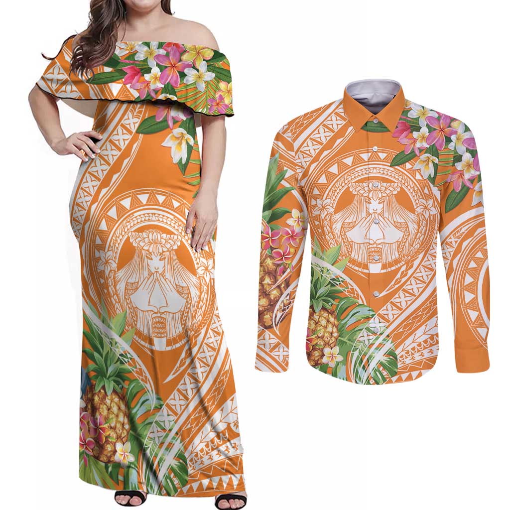 Aloha Hawaii Lanai Couples Matching Off Shoulder Maxi Dress and Long Sleeve Button Shirt Frangipani Mix Pineapple LT7 Orange - Polynesian Pride