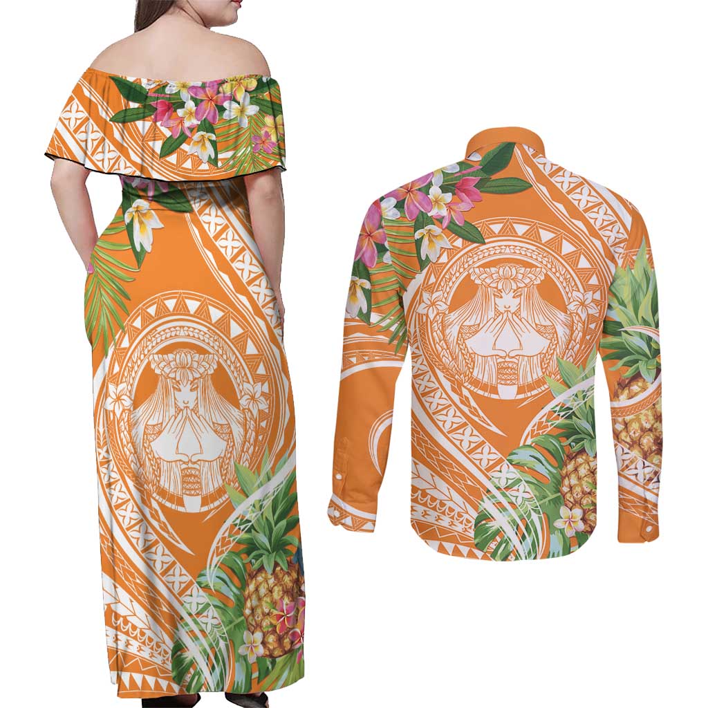 Aloha Hawaii Lanai Couples Matching Off Shoulder Maxi Dress and Long Sleeve Button Shirt Frangipani Mix Pineapple LT7 - Polynesian Pride