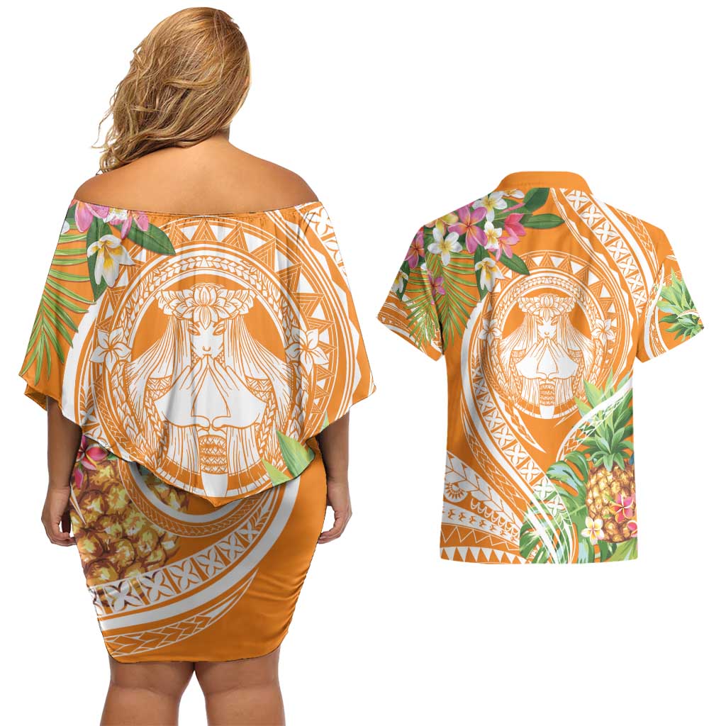 Aloha Hawaii Lanai Couples Matching Off Shoulder Short Dress and Hawaiian Shirt Frangipani Mix Pineapple LT7 - Polynesian Pride