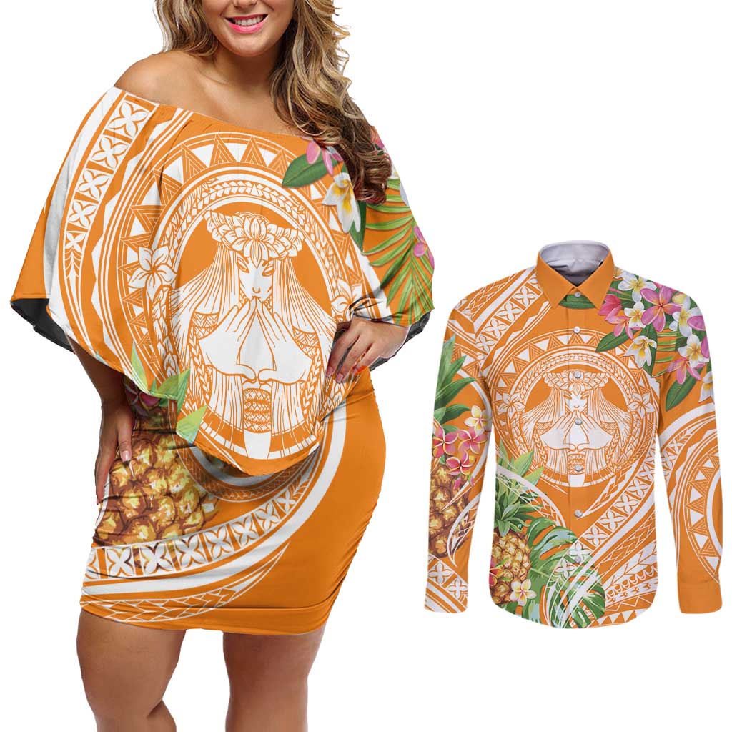 Aloha Hawaii Lanai Couples Matching Off Shoulder Short Dress and Long Sleeve Button Shirt Frangipani Mix Pineapple LT7 Orange - Polynesian Pride