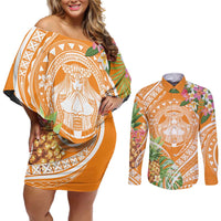 Aloha Hawaii Lanai Couples Matching Off Shoulder Short Dress and Long Sleeve Button Shirt Frangipani Mix Pineapple LT7 Orange - Polynesian Pride