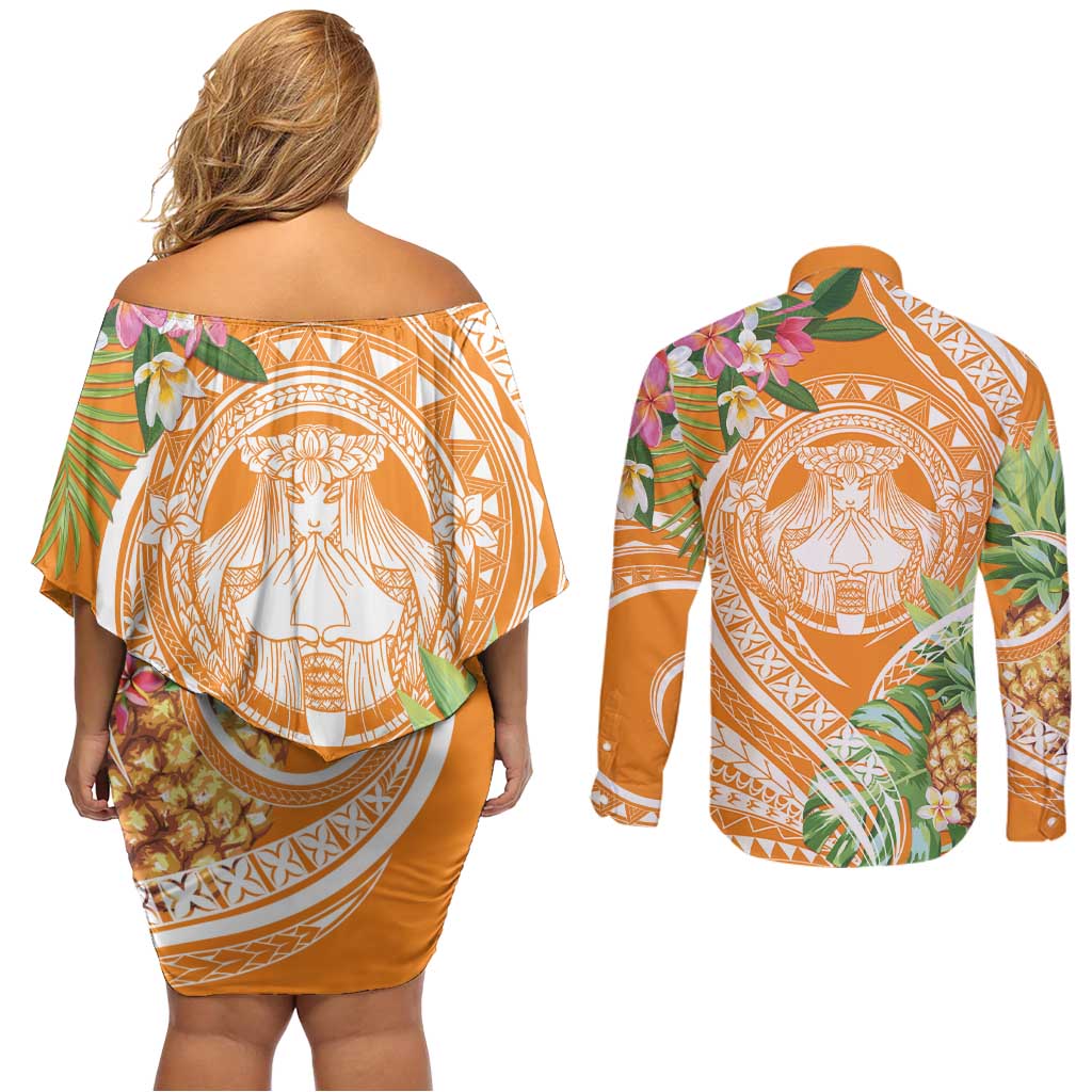 Aloha Hawaii Lanai Couples Matching Off Shoulder Short Dress and Long Sleeve Button Shirt Frangipani Mix Pineapple LT7 - Polynesian Pride